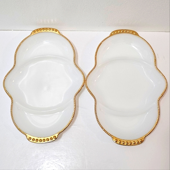 Vintage Anchor Hocking Fire King Milk Glass Relish Tray w/ Gold Beaded Trim (2) - Picture 7 of 13